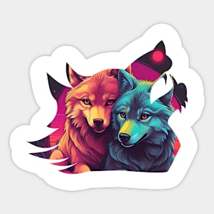 HOWLING LOVE WOLVES SNUGGLING RETROWAVE WOLVE SILHOUETTE Sticker